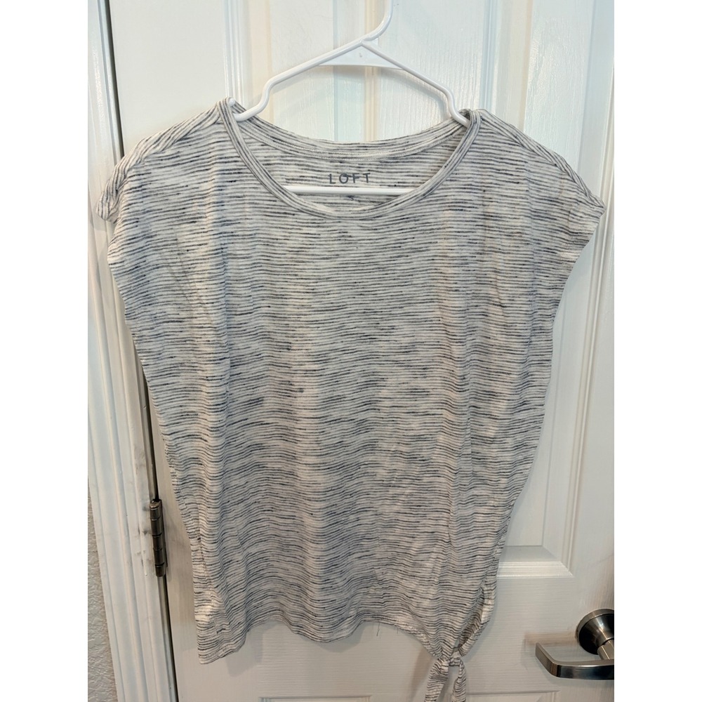LOFT Top Grey White Striped Side Tie Hem Short Sleeve Crew Neck Casual Tee